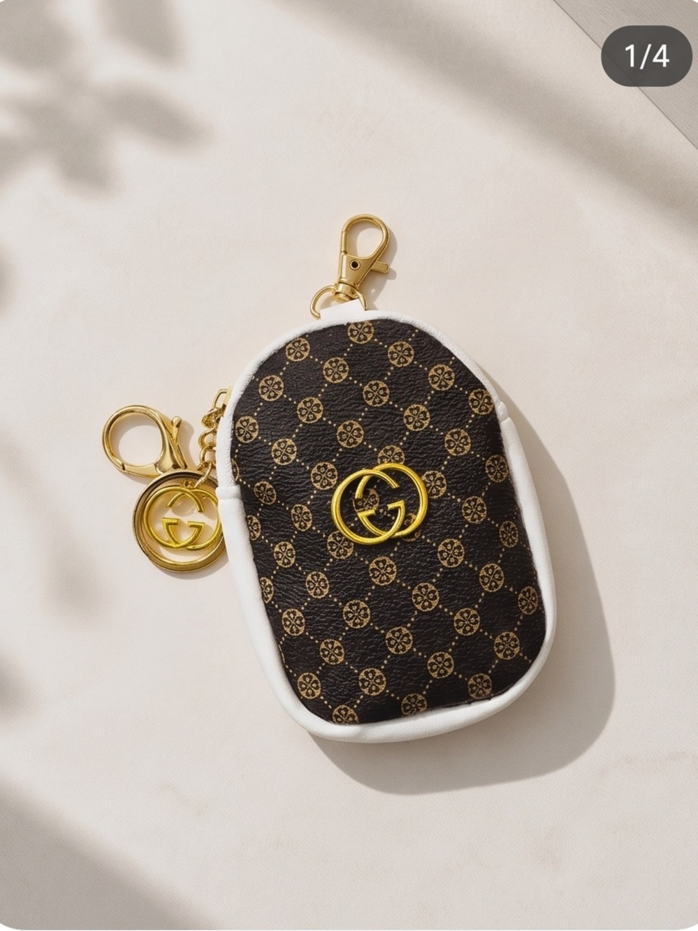 Brown & White monogram Key and coin pouch with Gold Hardware